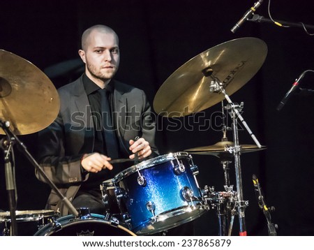 KIEV, UKRAINE - December 13, 2014: Pavlo Galitsky - drums  -- Constantine Ionenko Quintet performs on International jazz festival Jazz Bez 2014