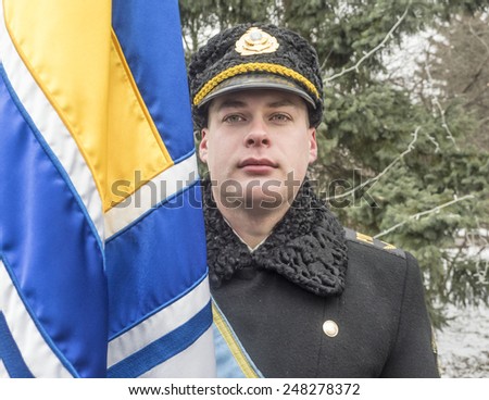 KIEV, UKRAINE - January 29, 2015: Soldiers guard of honor. President Poroshenko attended ceremony Kruty Heroes