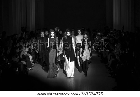 KIEV, UKRAINE - MARCH 18, 2015: The model shows a new collection of Bevza clothing brand  the 36th Ukrainian Fashion Week. -- Svetlana Bevza presented a new collection
