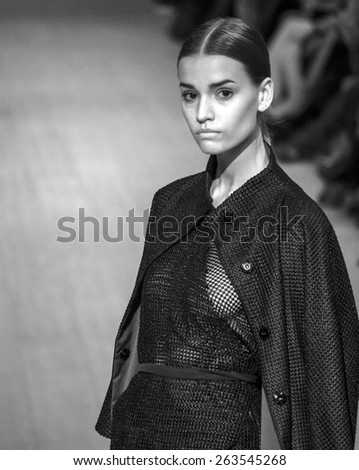 KIEV, UKRAINE - MARCH 19, 2015: The model shows a new collection of Whatever clothing brand  the 36th Ukrainian Fashion Week.