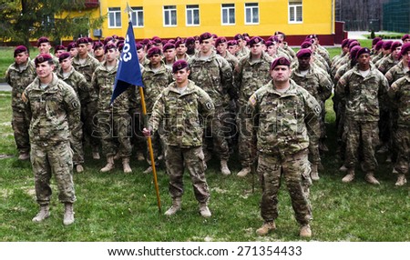 LVIV, UKRAINE - April 20, 2015; US Marines. Military of Airborne brigade arrived from the US to Yavorovsky polygon in the Lviv region, where to begin exercises Fearless Guardian-2015.