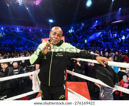 KIEV, UKRAINE - April 18, 2015: Coach of Alexander Usyk -- Ukrainian boxer Alexander Usyk from from Klichko brothers company K2 technical knockout in the eighth round of Russian boxer Andrei Knyazev