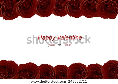 Maroon red roses bouquet as frame on white background