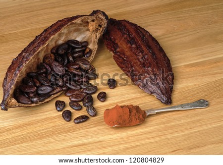 Cocoa fruit with beans and  spoon full of cocoa powder on a wooden table