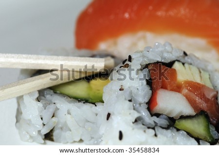 Sushi pieces with chop sticks