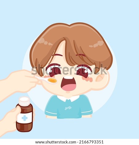 Cute children eat medicine or supplemen syrup fed with mother's hand cartoon concept illustration