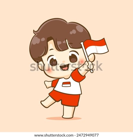 Cute boy holding indonesia flag celebrate indonesia independence day