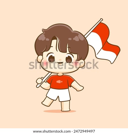 Cute boy holding indonesia flag celebrate indonesia independence day