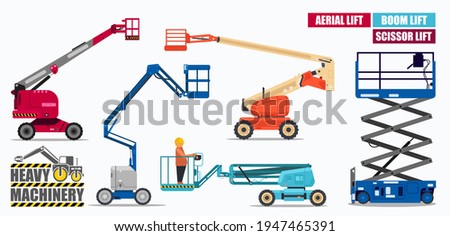 Set of heavy machinery - aerial lift. Vector stock images.