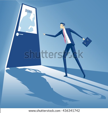 Boss shouting into the phone and an employee is standing at the door, and afraid to go inside, business concept boss monster, business concept fear of superiors