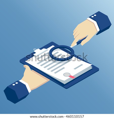 isometric hands shall inspect the contract or agreement, businessman examines through a magnifier the terms of the contract