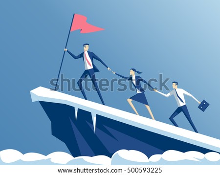 business people climb to the top of the mountain, leader helps the team to climb the cliff and reach the goal, business concept of leadership and teamwork