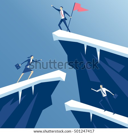 businessman first reached the summit of the mountain with a flag, business people competing in mountain climbing. employees run on the rocks to the flag, business concept win and competition
