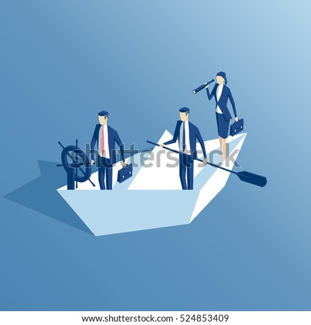isometric business people are floating on a paper boat on the sea, leader at the helm, another businessman stands with a paddle, a businesswoman looking through a telescope. business concept team