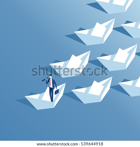 Isometric businessman with telescope floats on a paper boat and leads a group of other paper boats. Business concept  leader and team