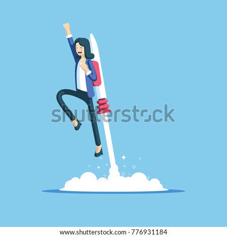 Cheerful businesswoman flying off with jet pack vector flat illustration. Female office worker flying up by rocket and take off the ground. Business concept career boost, start up and growth