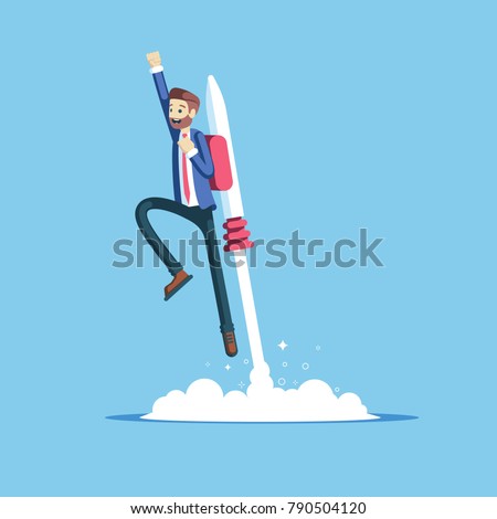 Cheerful businessman flying off with jet pack vector flat illustration. Male office worker flying up by rocket and take off the ground. Business concept career boost, start up and growth