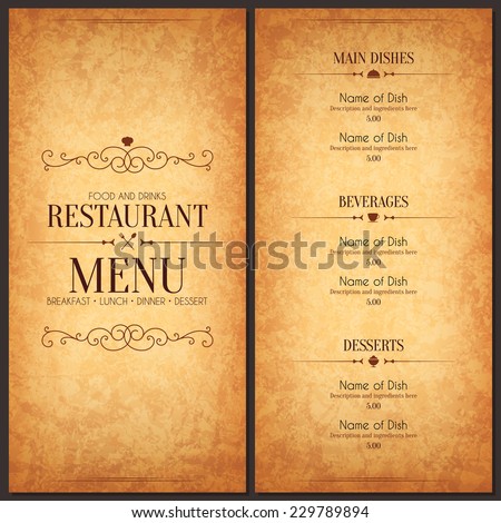 Restaurant menu design. Vector menu brochure template for cafe, coffee house, restaurant, bar. Food and drinks logotype symbol design. Crumpled vintage paper background
