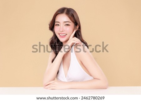 Similar – Image, Stock Photo portrait of beautiful young natural sexy woman with dark hair relaxes contend happy in holidays summer sun in the spa wellness hot tub pool