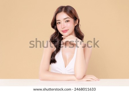 Similar – Image, Stock Photo portrait of beautiful young natural sexy woman with dark hair relaxes contend happy in holidays summer sun in the spa wellness hot tub pool