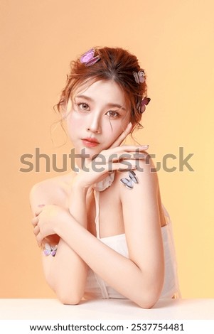 Similar – Image, Stock Photo Beautiful woman with peach standing in modern kitchen