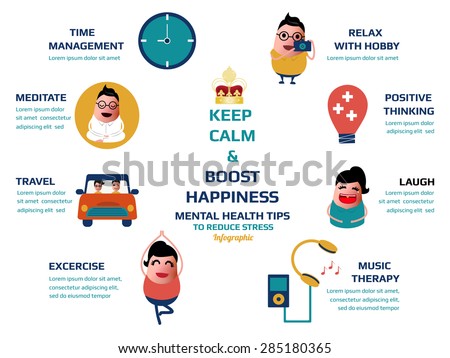 keep calm and boost happiness, mental health tips to reduce stress infographic, vector illustration.