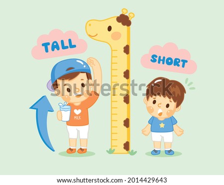 The both boy measuring their height.Boy drinking milk taller than another boy. compare, tall and short,Growth up