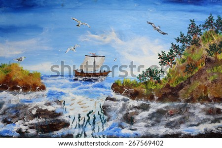 Clean water and fishing boat. Impressionism oil painting