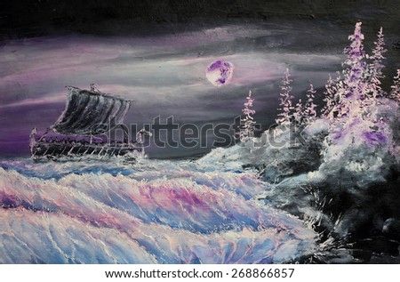 Mystical Moon landscape with drakkar. Impressionism oil painting.