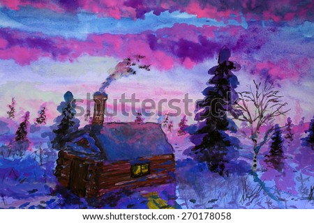 Fairy tale landscape. Impressionism gouache painting.