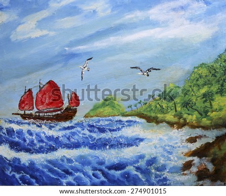 Ancient Chinese ship. Impressionism oil painting.