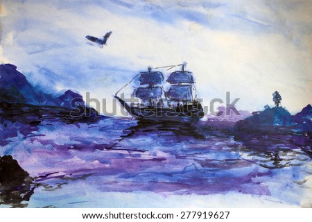 Seascape with sailing ship. Impressionism gouache painting.