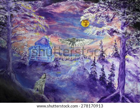 Mystic forest and witch house. Impressionism oil painting.