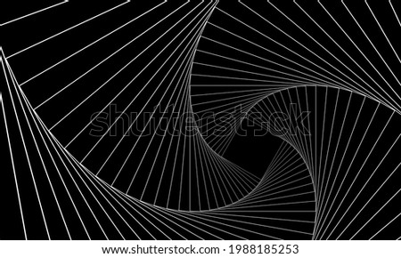 Abstract geometric banner. Swirling white lines on a black background. Whirl square, wave stripes, rotation movement, neon spiral image. Futuristic twist grid backdrop. Vector optical art illustration
