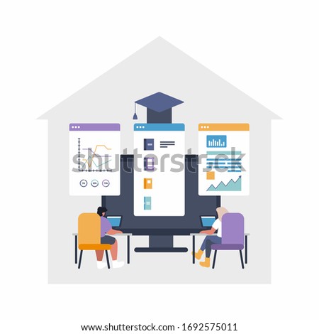 Remote job concept flat illustration - Global outsource, team work. People are working at project with shared files - charts, data, files - online cloud file sharing project.