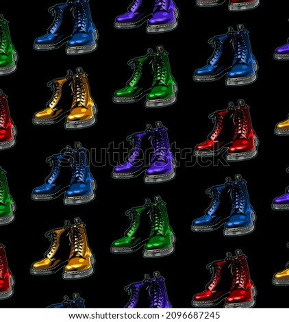 black background colorful boots pattern, t-shirt design, dr martens, vintage, classic, life style, 90s, male, female, Stiefel, bottes, laarzen Stock fotó © 