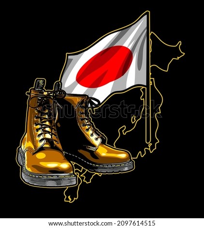boots with map and japanese flag background, dr martens, biker, touring, life style, t-shirt, clothing, bottes, laarzen, Stiefel Stock fotó © 