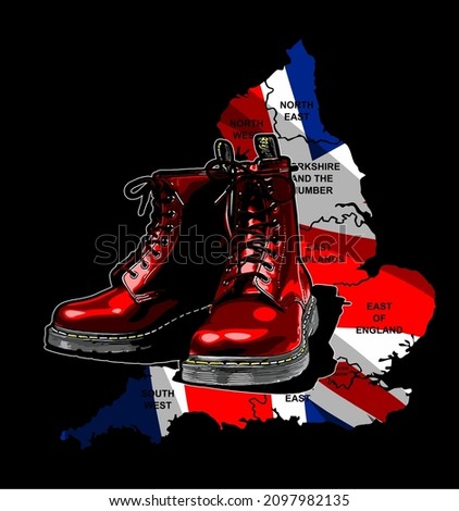 boots with map and british flag background, dr martens, biker, touring, life style, t-shirt, clothing Stock fotó © 