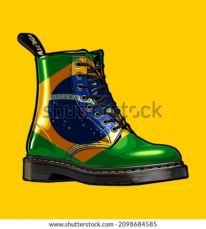 brazil flag pattern boots yellow background, t-shirt design, dr martens, vintage, classic, life style, 90s, male, female Stock fotó © 