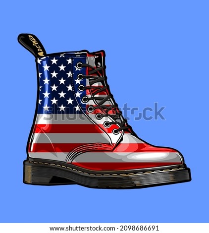 blue background american flag pattern boots, t-shirt design, dr martens, vintage, classic, life style, 90s, male, female Stock fotó © 