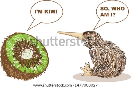 Cute Kiwi bird and kiwi fruit in sketch style