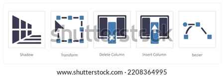 A set of 5 graphic tools icons such as Shadow, Transform, delete coloumn