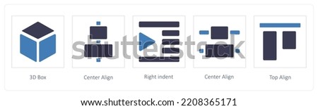 A set of 5 graphic tools icons such as 3D Box, Center Align, Right indent