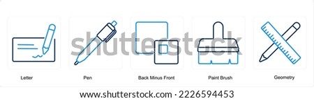 A set of 5 editing tools icons such as letter, pen, back minus front