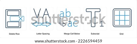A set of 5 editing tools icons such as delete row, letter spacing