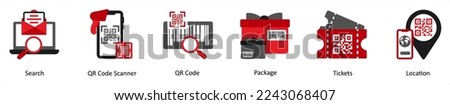 Six business icons in red and black as search, qr code scanner, qr code