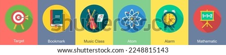 A set of 6 Education icons as target, bookmark, music class