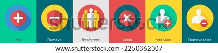 A set of 6 User interface icons as add, remove, employees