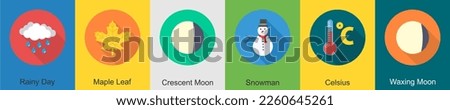 A set of 6 Weather icons as rainy day, maple leaf, crescent moon