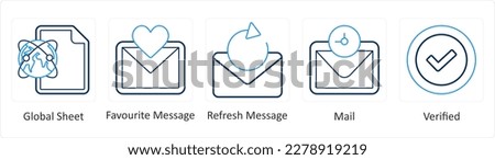 A set of 5 mix icons as global sheet, favorite message, refresh message